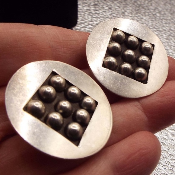 VINTAGE STERLING ROUND BALLS IN SQUARE DESIGNER CLIP EARRINGS